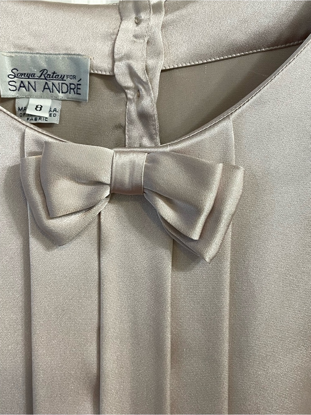 Vintage San Andre Satin Bow Blouse Size 8 Dusty Mauve Pleated Secretary - Picture 4 of 6